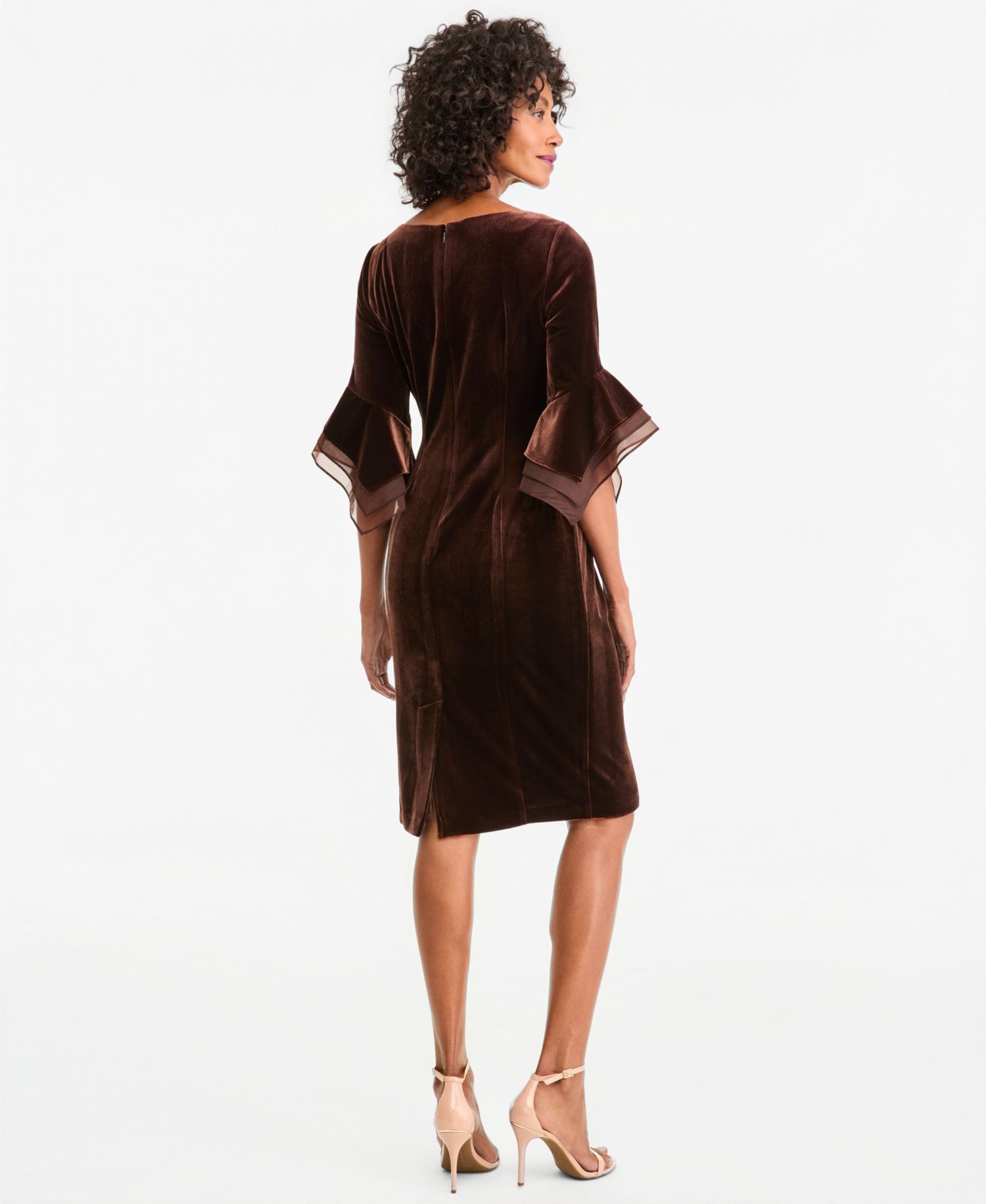Plus Velvet Bell-Sleeve Mesh-Trim Dress