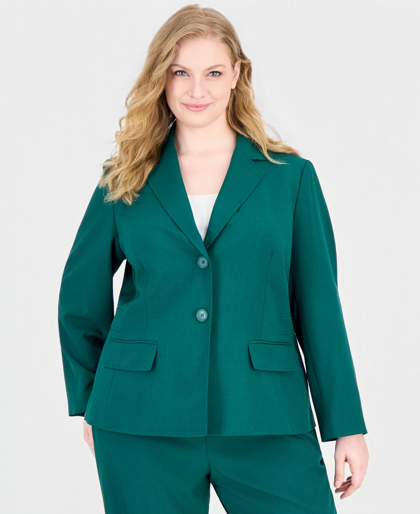 Le Suit Plus Notch-Collar Stretch Wide-Leg Jacket and Pants, 2-Piece Set, цвет: Изумрудный — фото 7