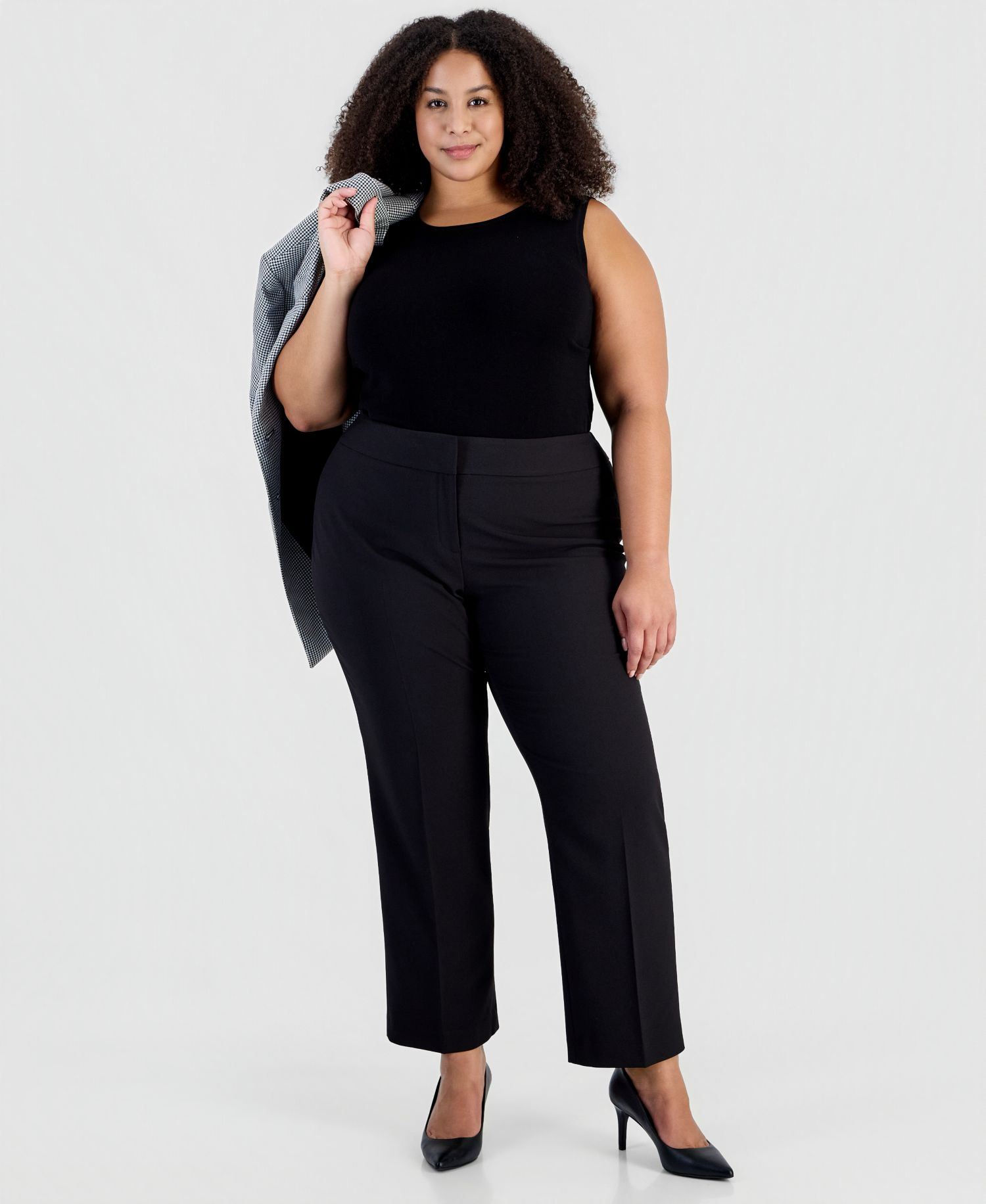 Plus Size Houndstooth Three-Button Slim-Fit Jacket and Pant, 2-Piece Set