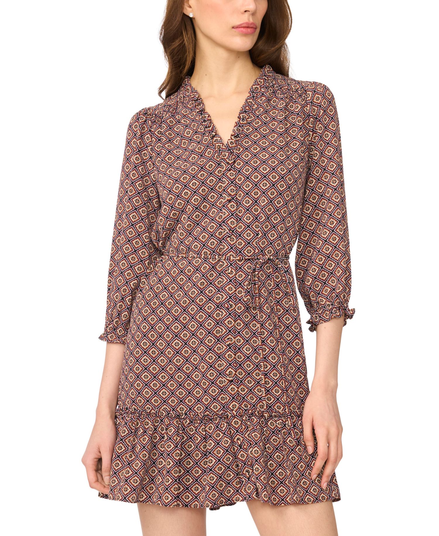 Women's Ruffle V-Neck 3/4-Sleeve Mini Dress