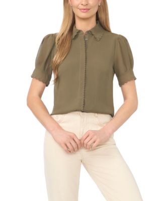 Women's Scalloped Puff-Sleeve Button-Front Top