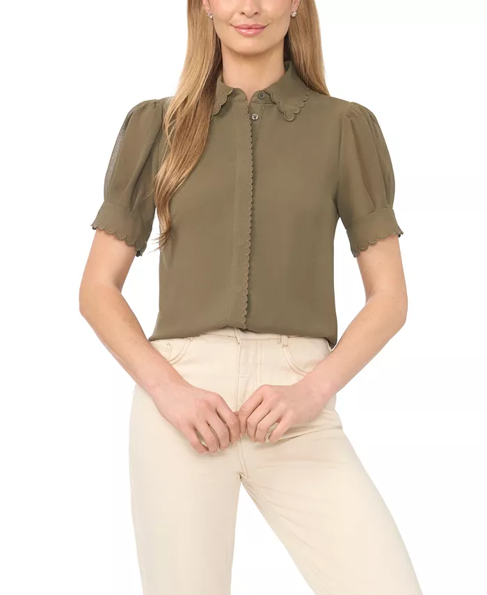 Women's Scalloped Puff-Sleeve Button-Front Top - thumbnail 6