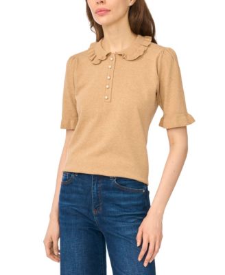 Women's Short-Sleeve Ruffle-Collar Ribbed-Knit Polo Sweater