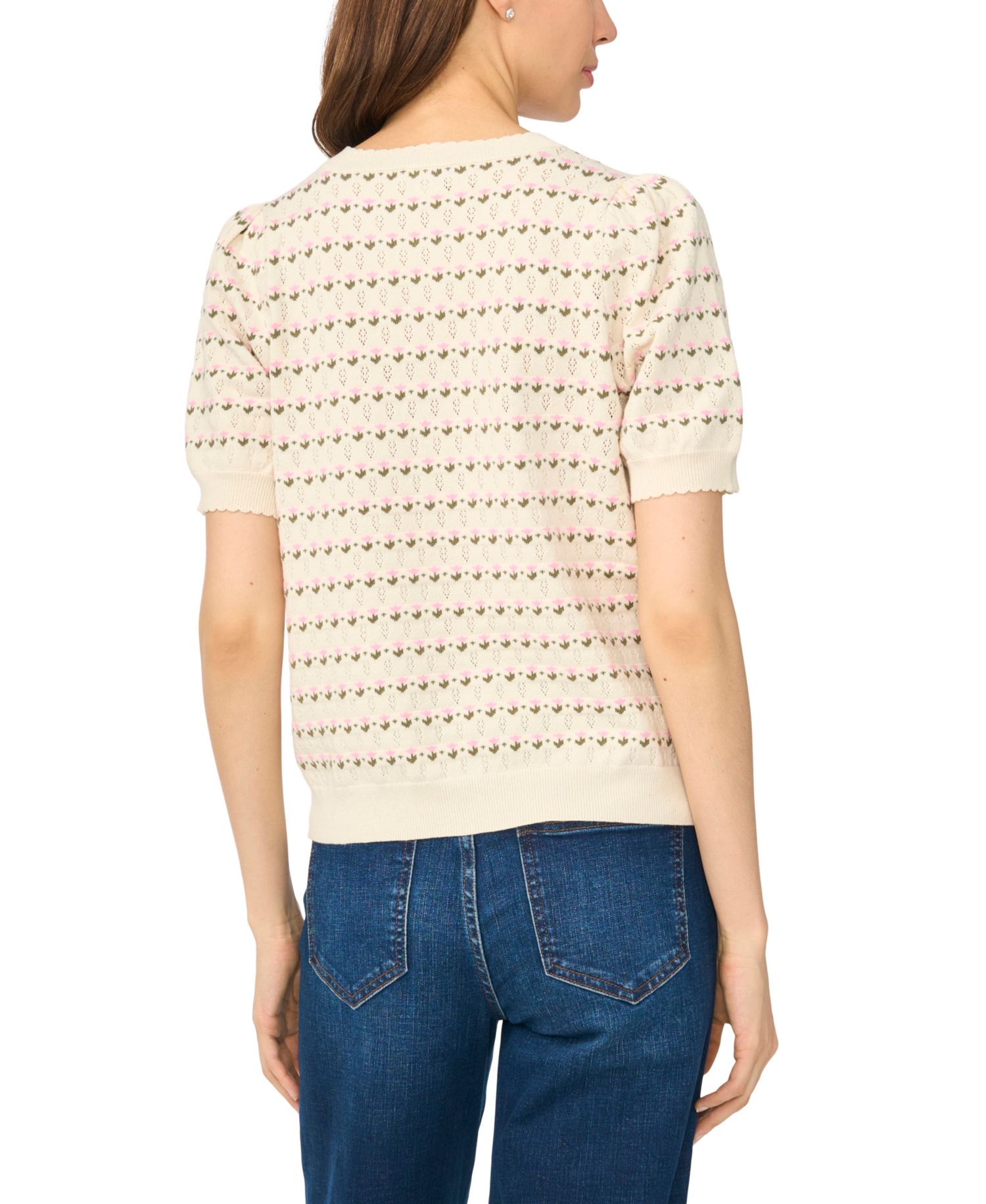 Women's Floral Pointelle Short-Sleeve Crewneck Pullover