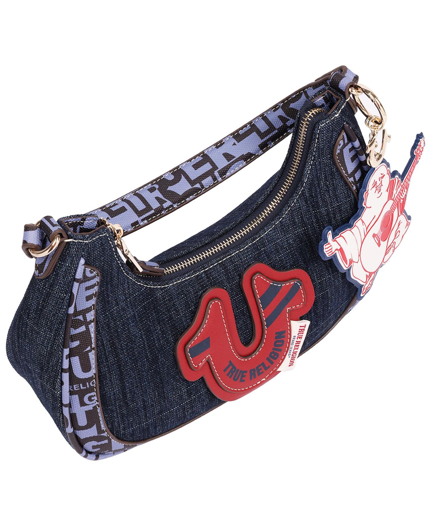 Graphic Trim Denim Hobo Bag with Buddha Charm