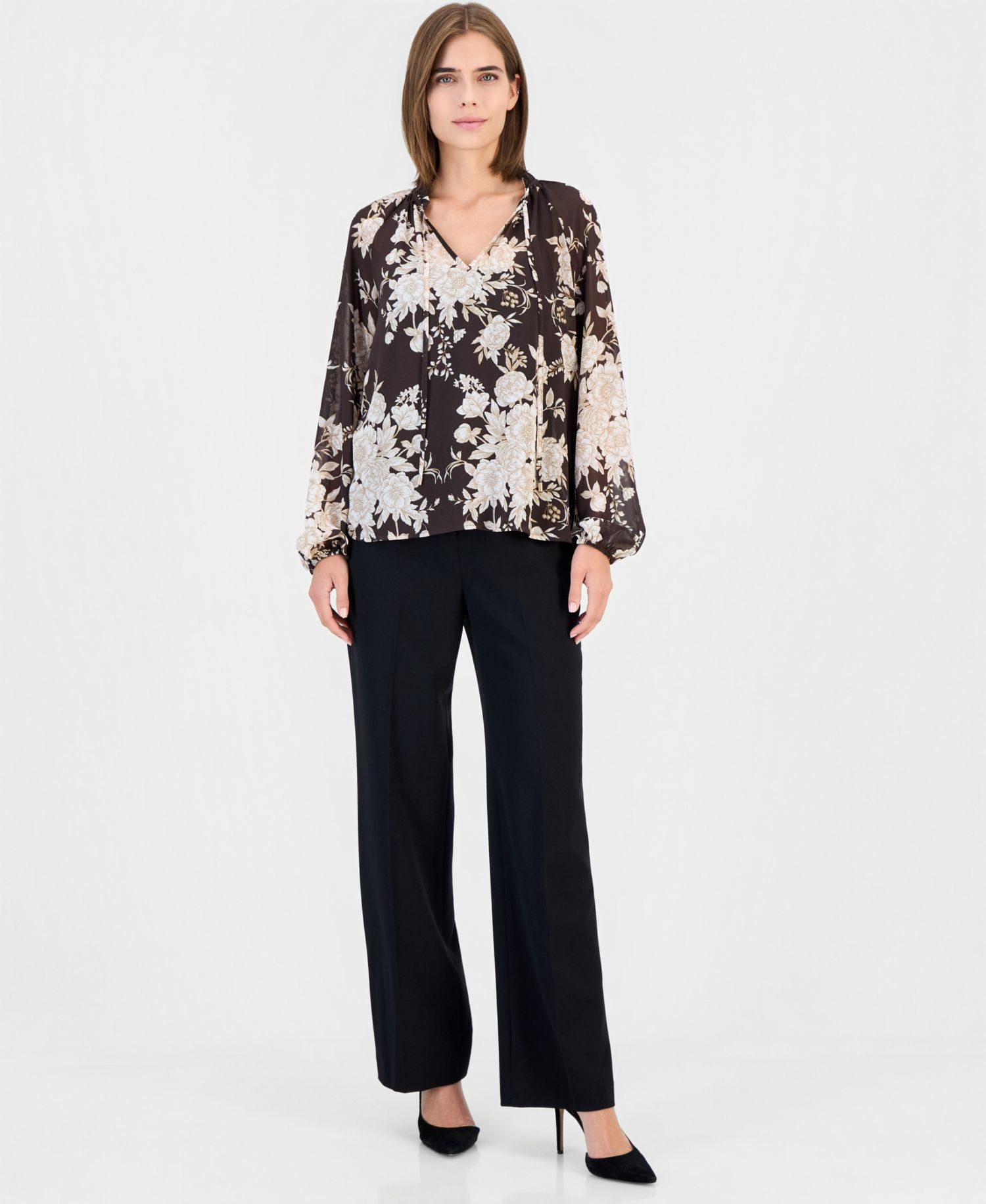 Women's Bow-Tie Neck Long-Sleeve Floral Blouse