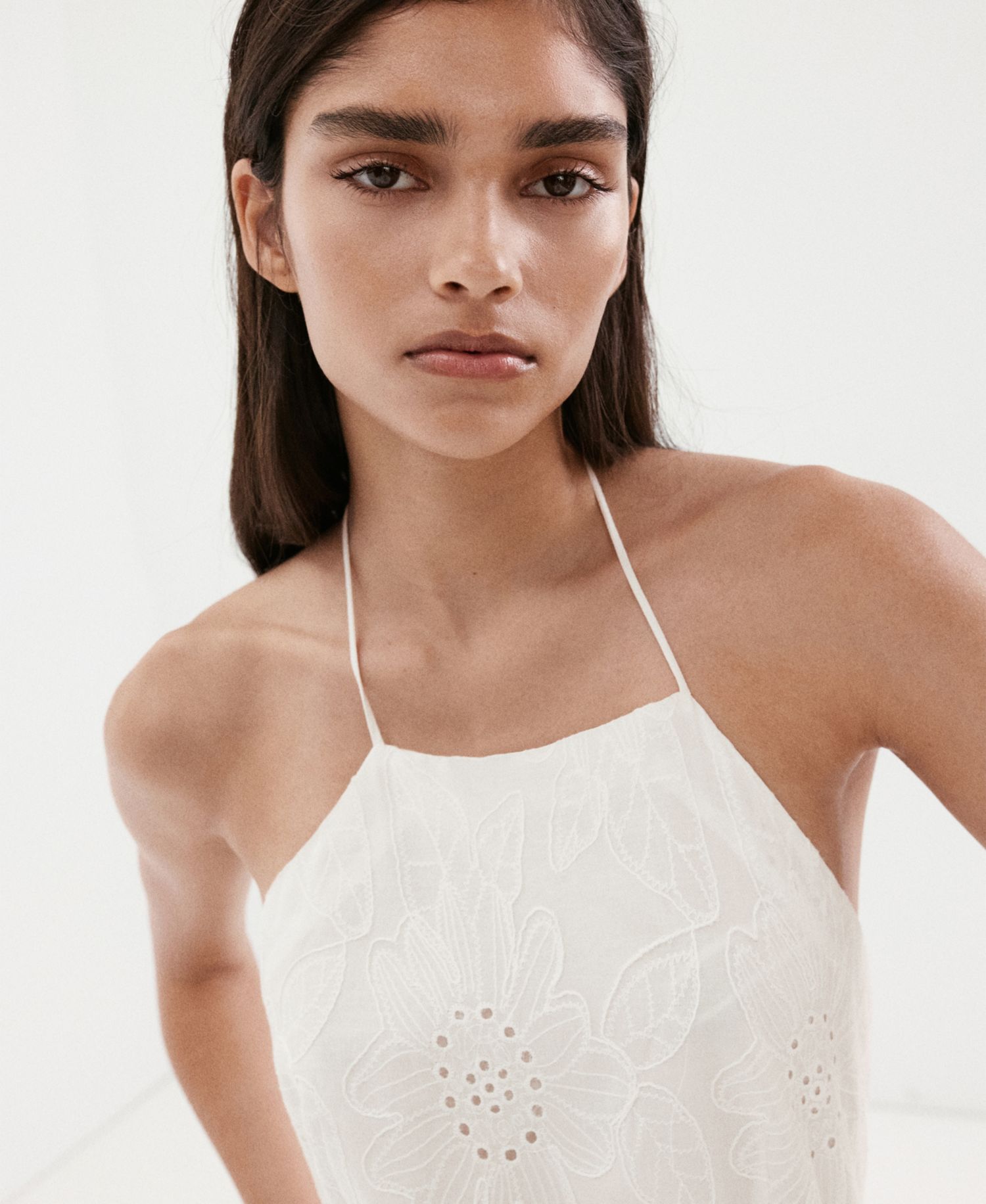 Women's Openwork-Embroidery Halter A-Line Cotton Dress