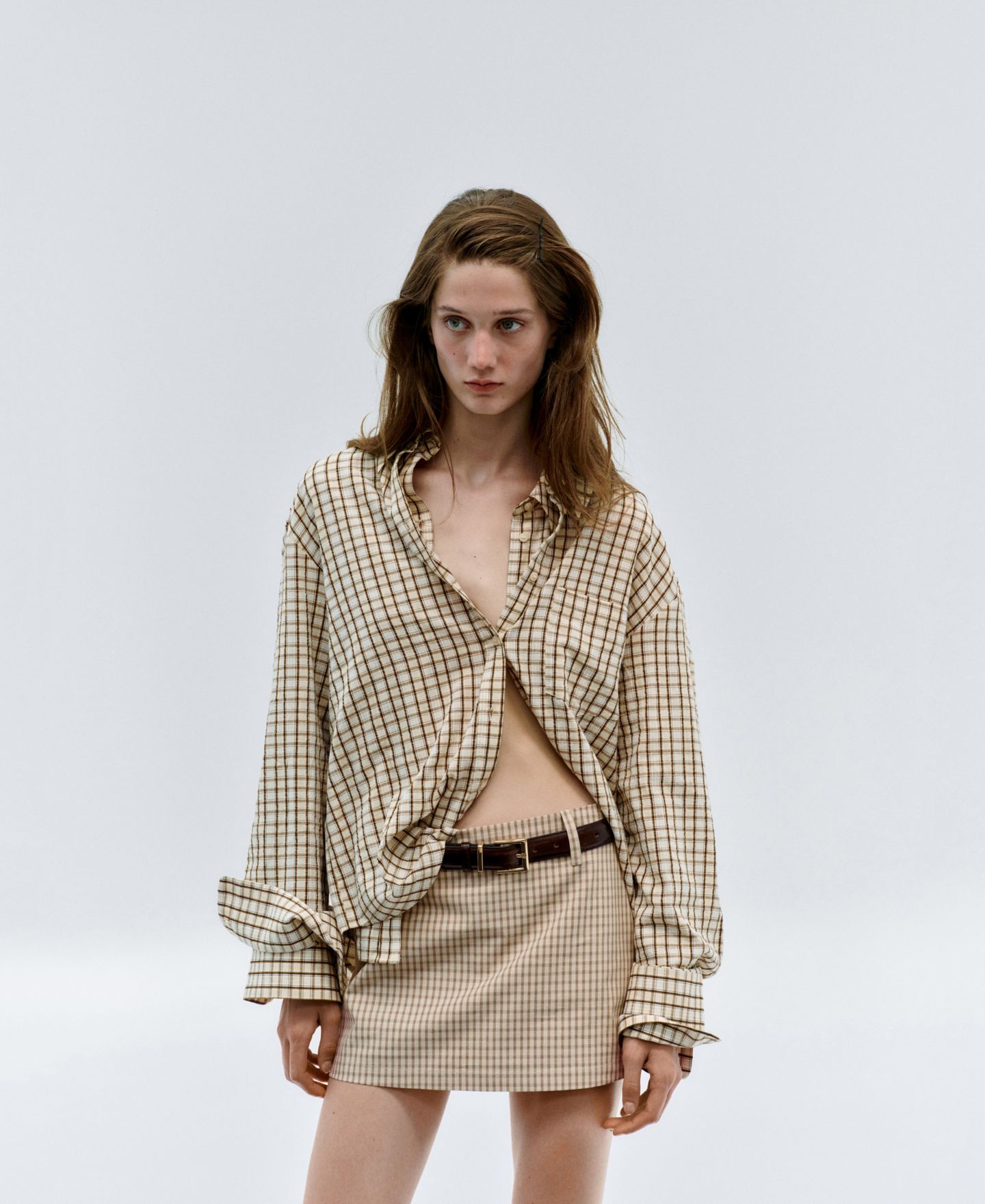 Женская рубашка Mango Check Long-Sleeve Button-Up, цвет: Коричневый — фото 2