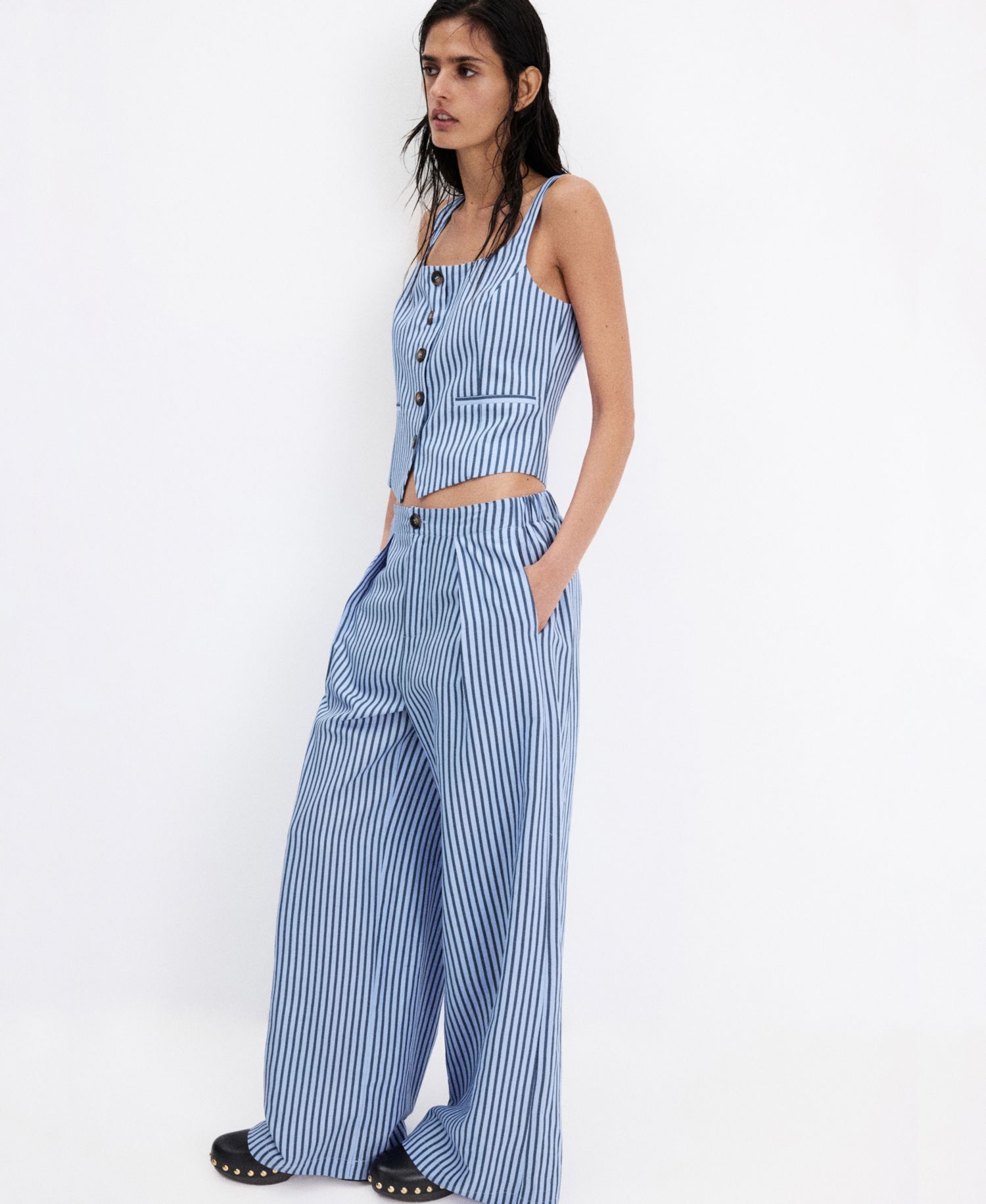Women's Striped Sleeveless Button Vest