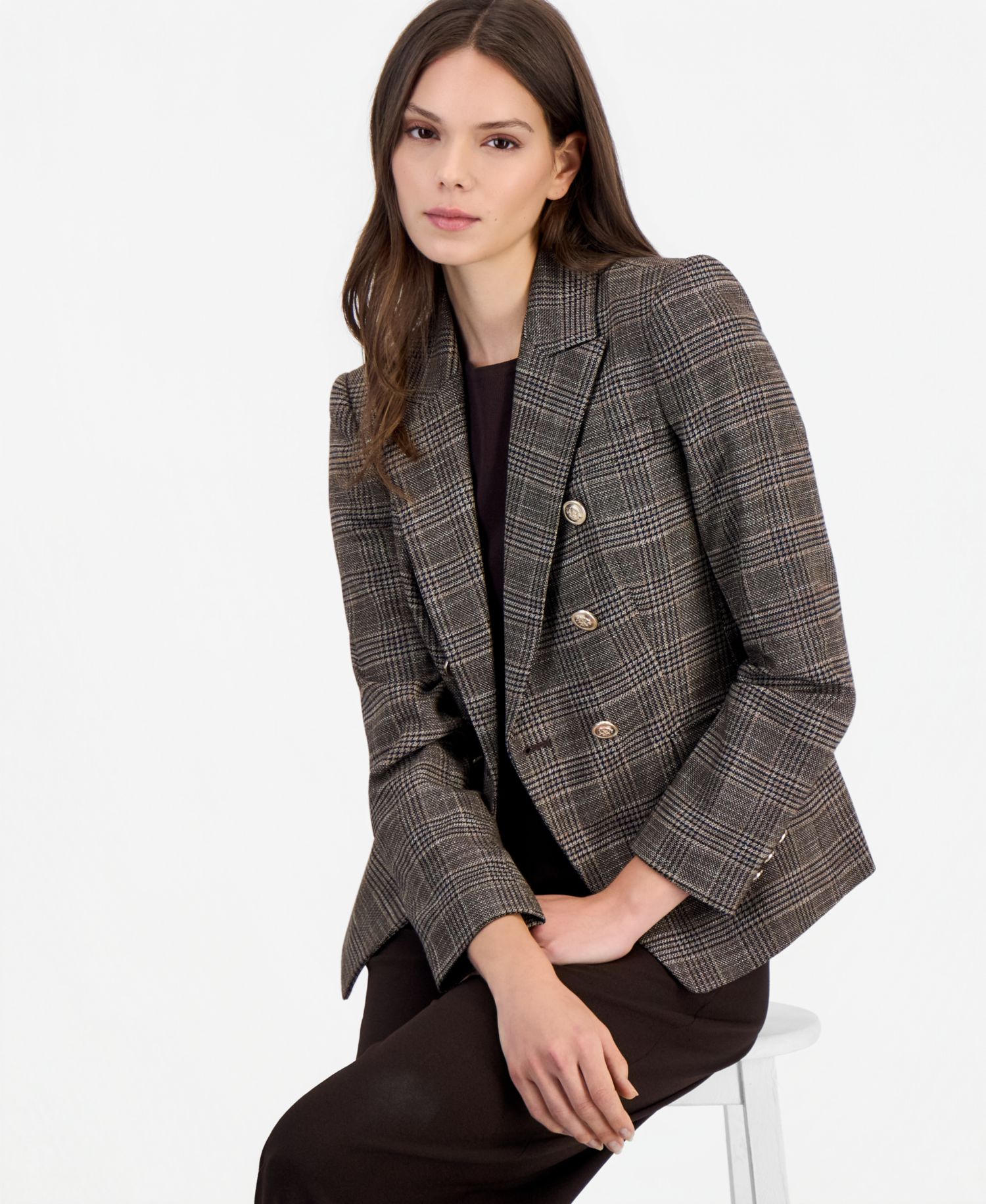 Petite Double Breasted Plaid Stretch Blazer