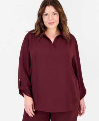 Plus Size Long-Sleeve Button-Down Roll-Tab Blouse