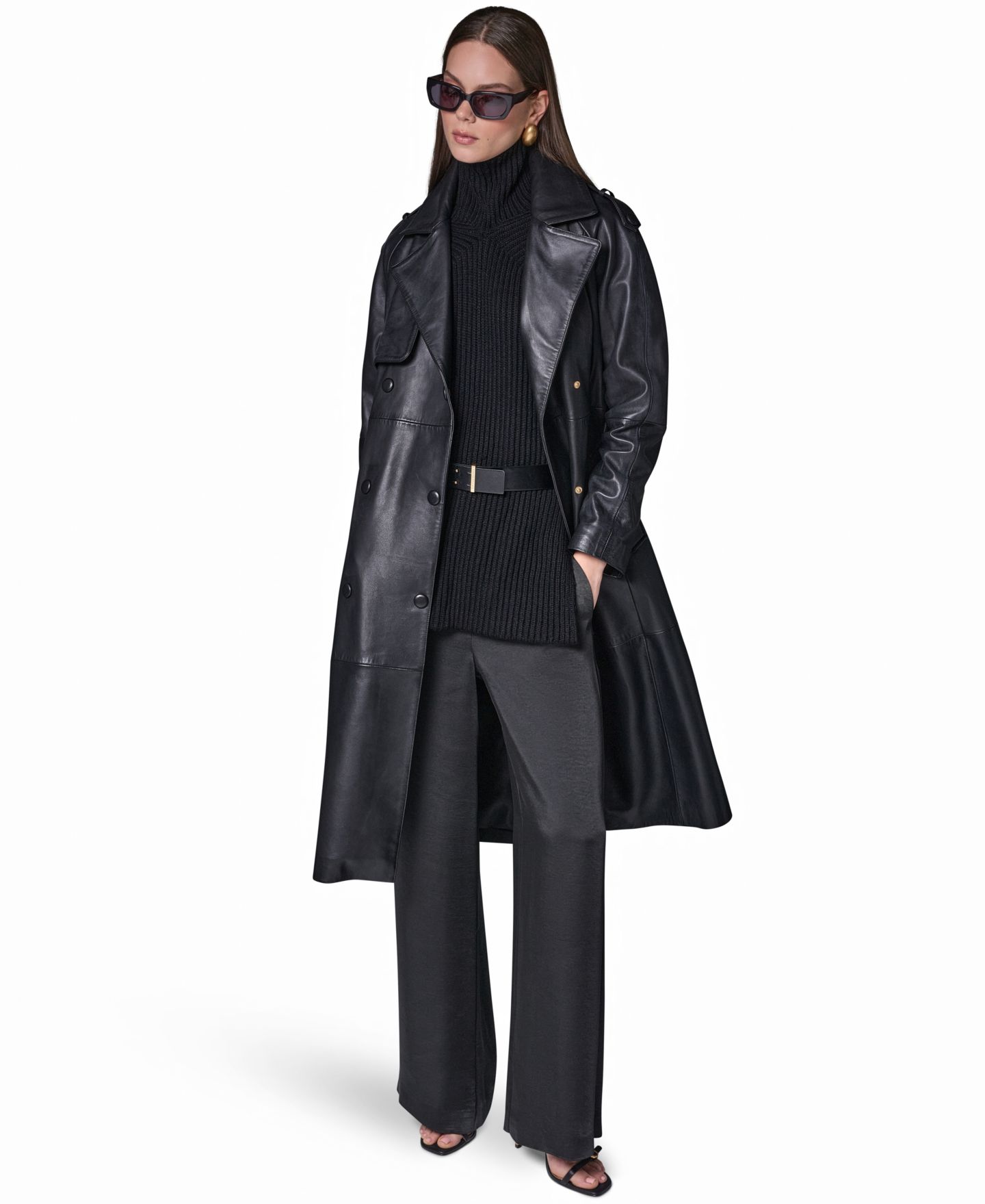 Женское пальто Donna Karan New York Double Breasted Belted Leather Trench, цвет: Чёрный — фото 3