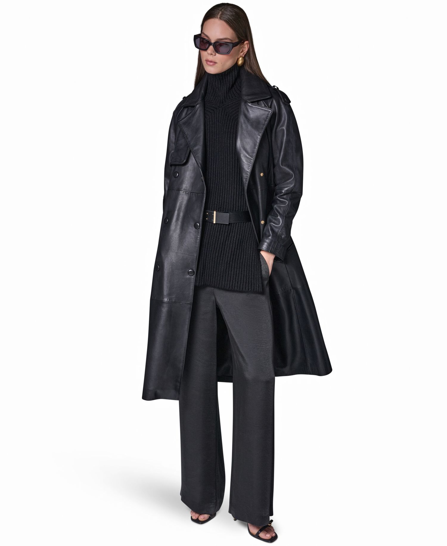 Women's Double Breasted Belted Leather Trench Coat
