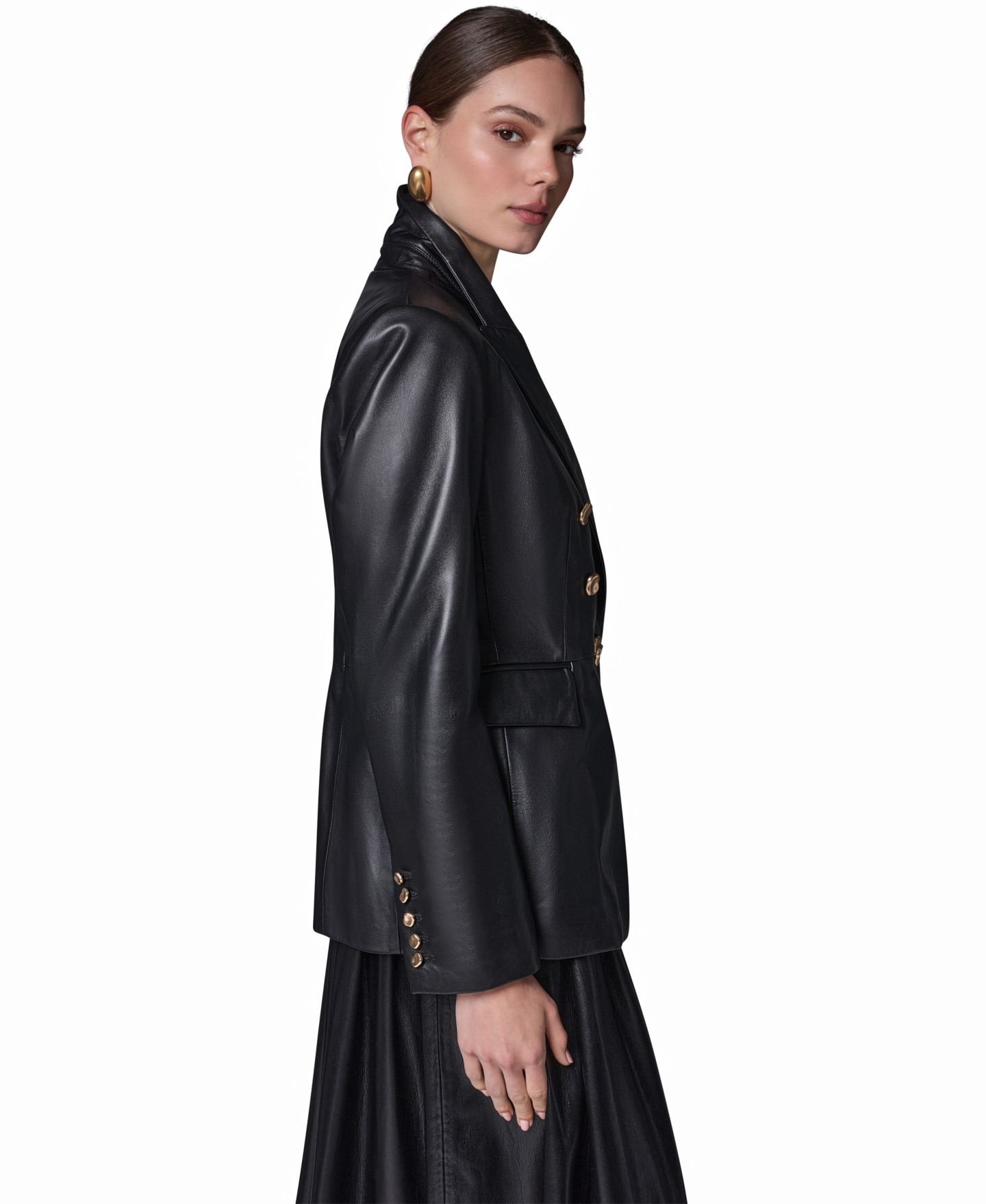 Женский пиджак Donna Karan New York Double-Breasted Leather Blazer, цвет: Чёрный — фото 3