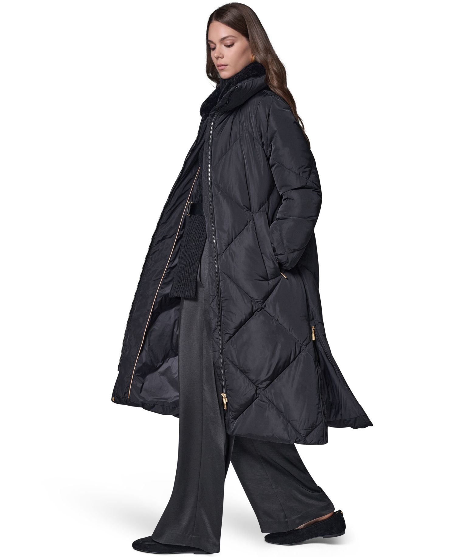 Women's Quilted Midi-Length Faux Fur-Trimmed Puffer Coat