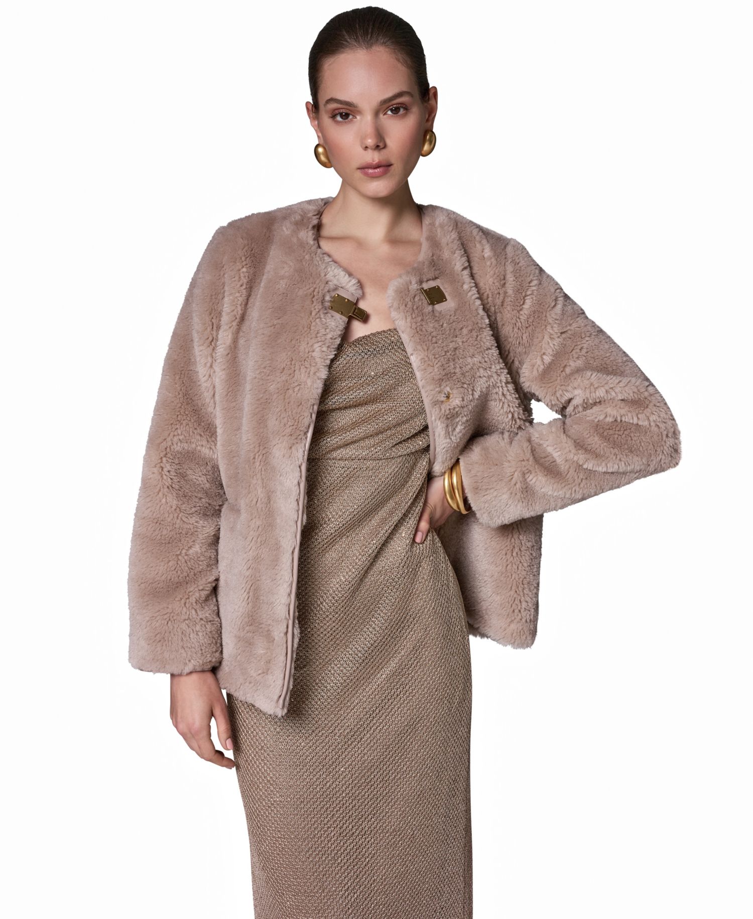 Women's Collarless Buckled Leather Coat