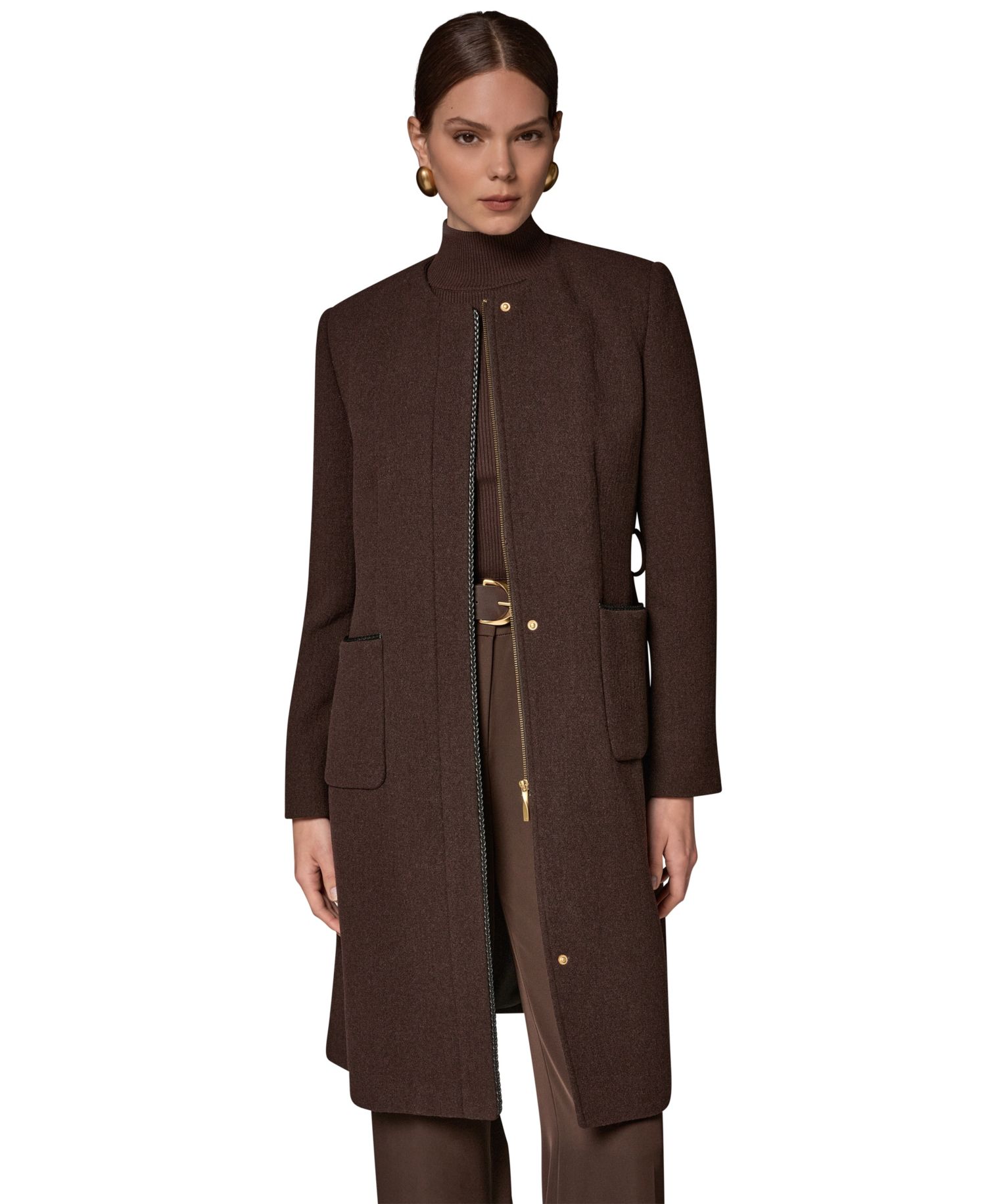 Women's Collarless Wool-Blend Pleather Trim Coat