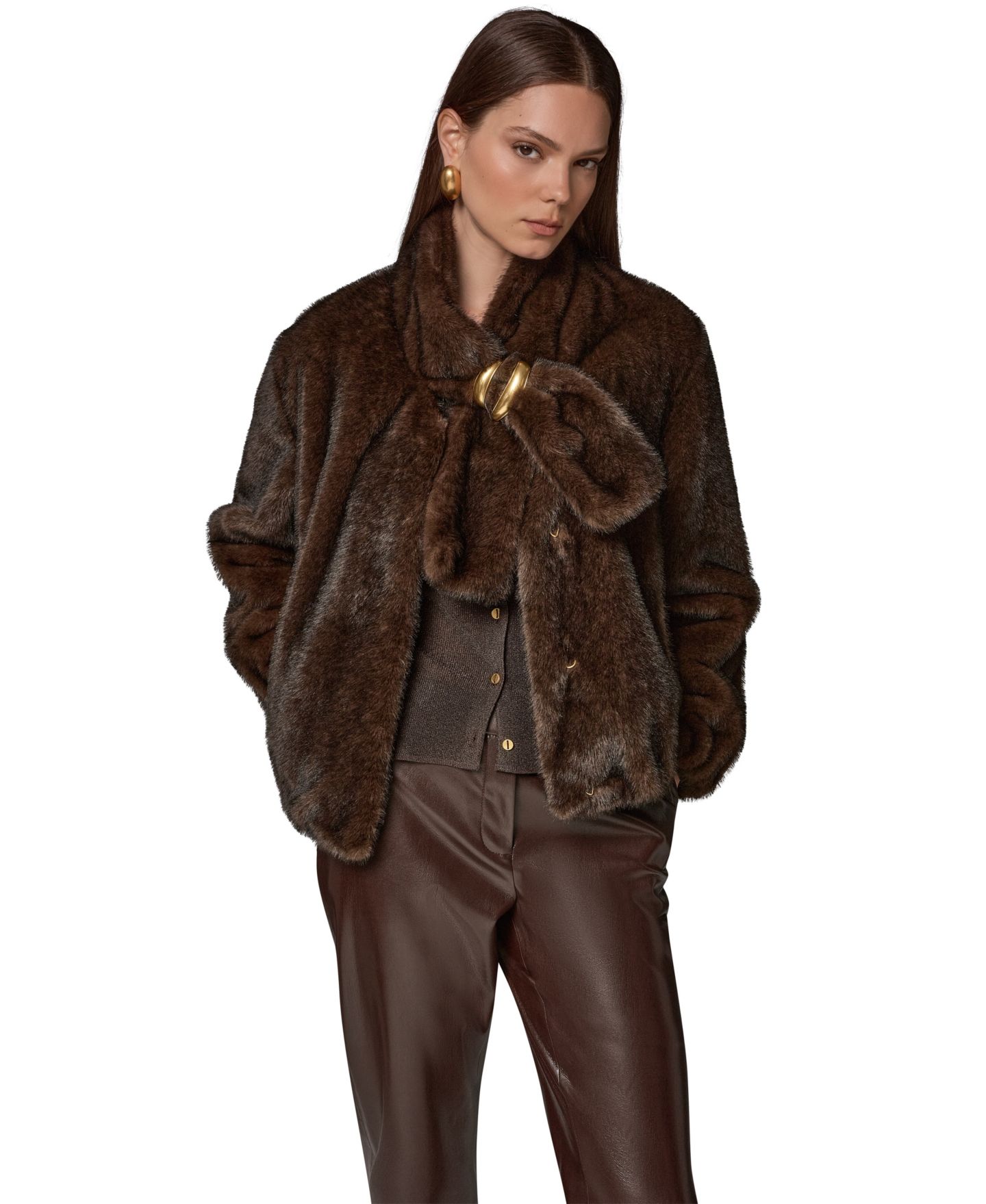 Женское короткое пальто из искусственного меха Donna Karan New York с шарфом, цвет: Шоколадный — фото 4