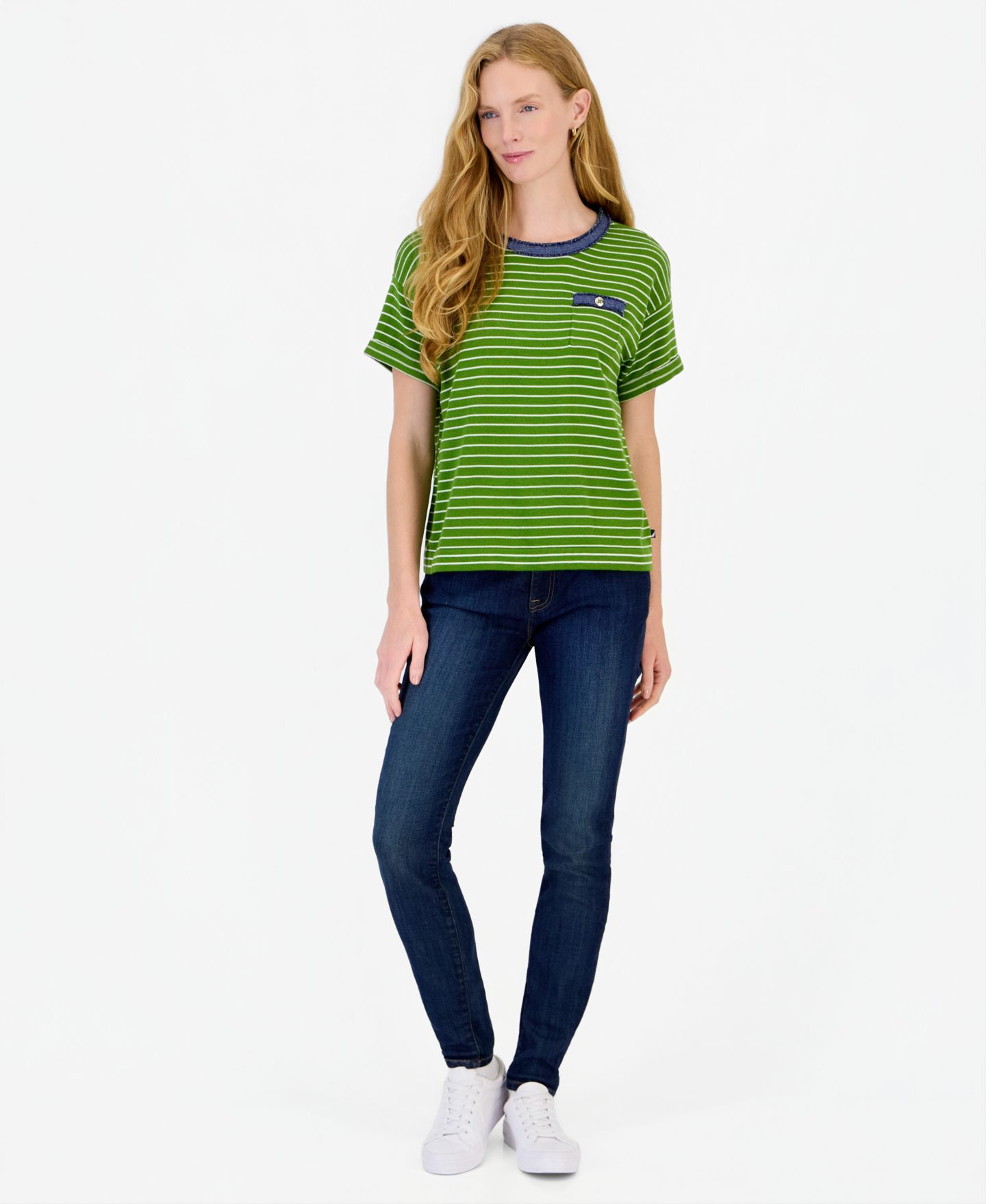 Женский свитер Nautica Short-Sleeve Striped Denim-Trim Cotton-Acrylic Blend, цвет: Яркий белый — фото 2