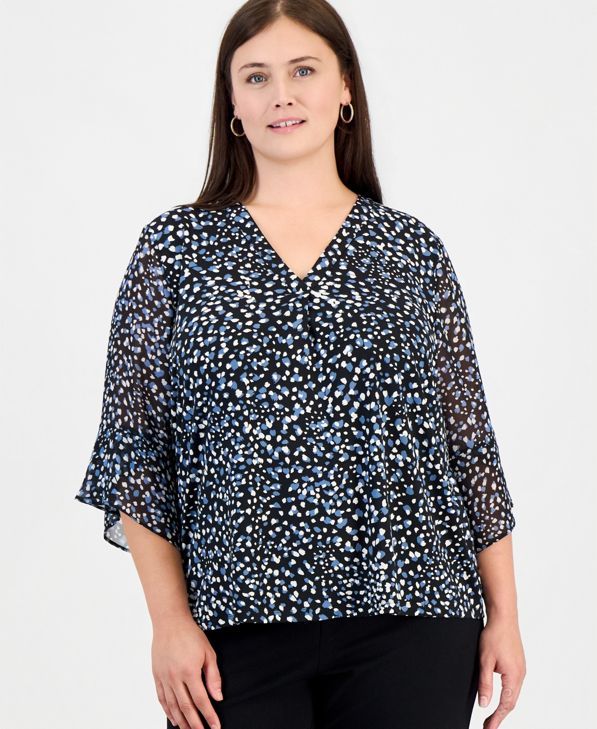 Anne Klein Essentials Plus Size Ruffle-Cuff V-Neck Top - Anne Black Multi