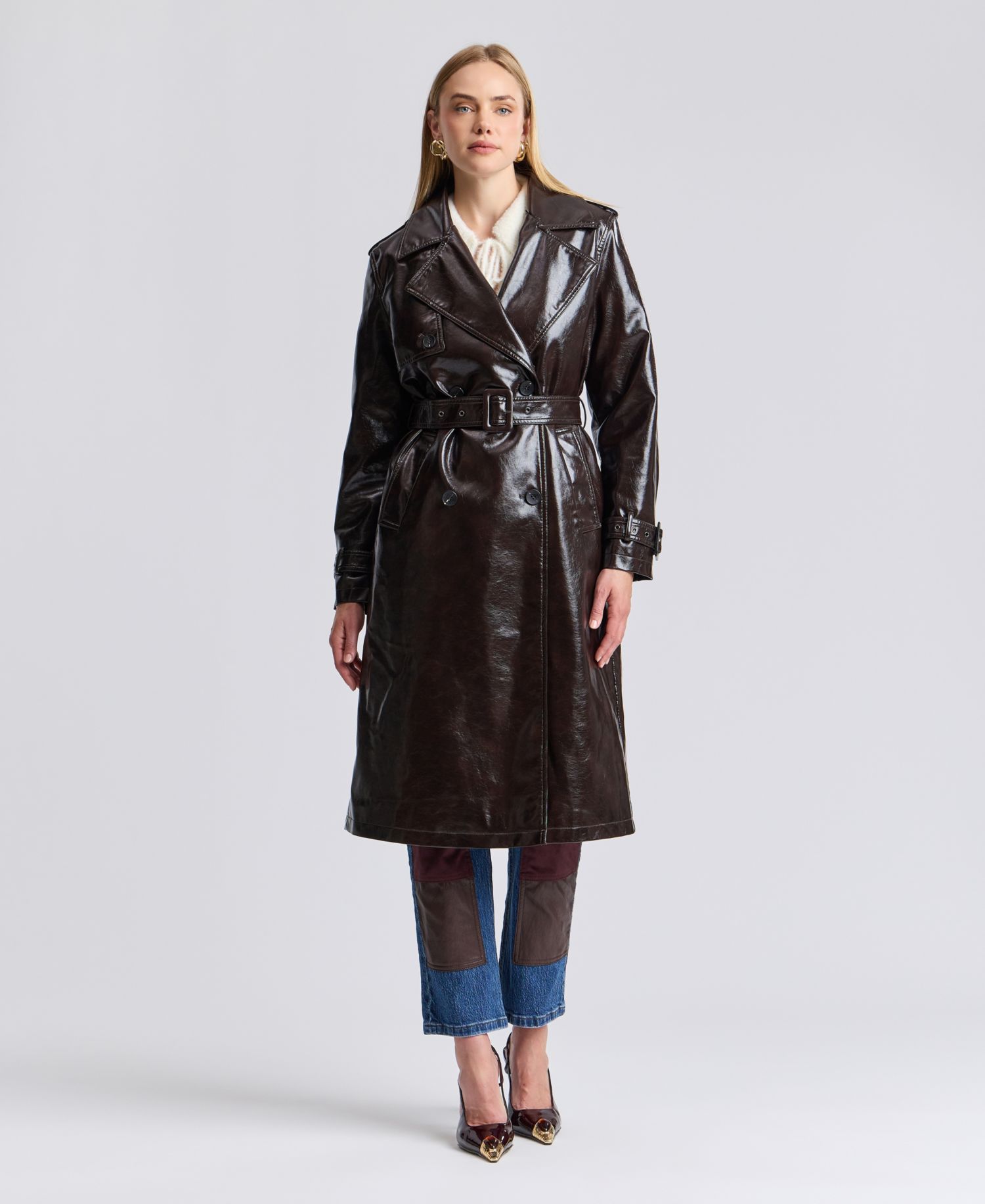 Women's Double-Breasted Detachable Faux Fur Shawl Collar Trench Coat