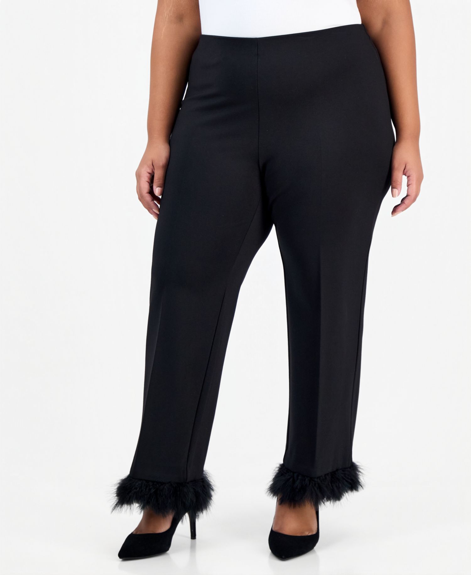 Plus Size Hollywood Waist High-Rise Pull-On Feather-Trim Pants