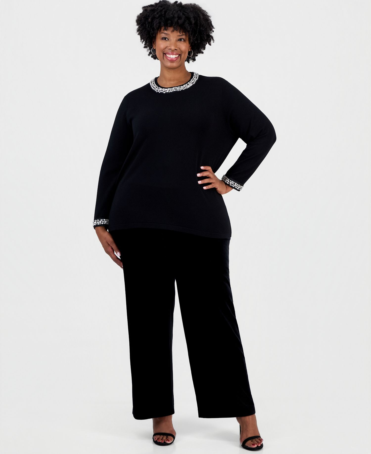Plus Size Rhinestone Embellished Keyhole Sweater