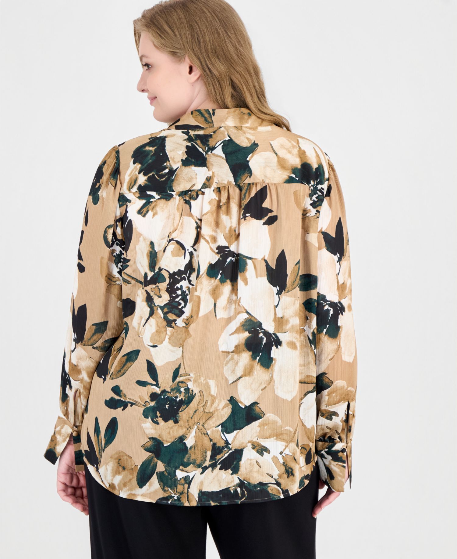 Plus Size Long-Sleeve V-Neck Floral-Print Blouse