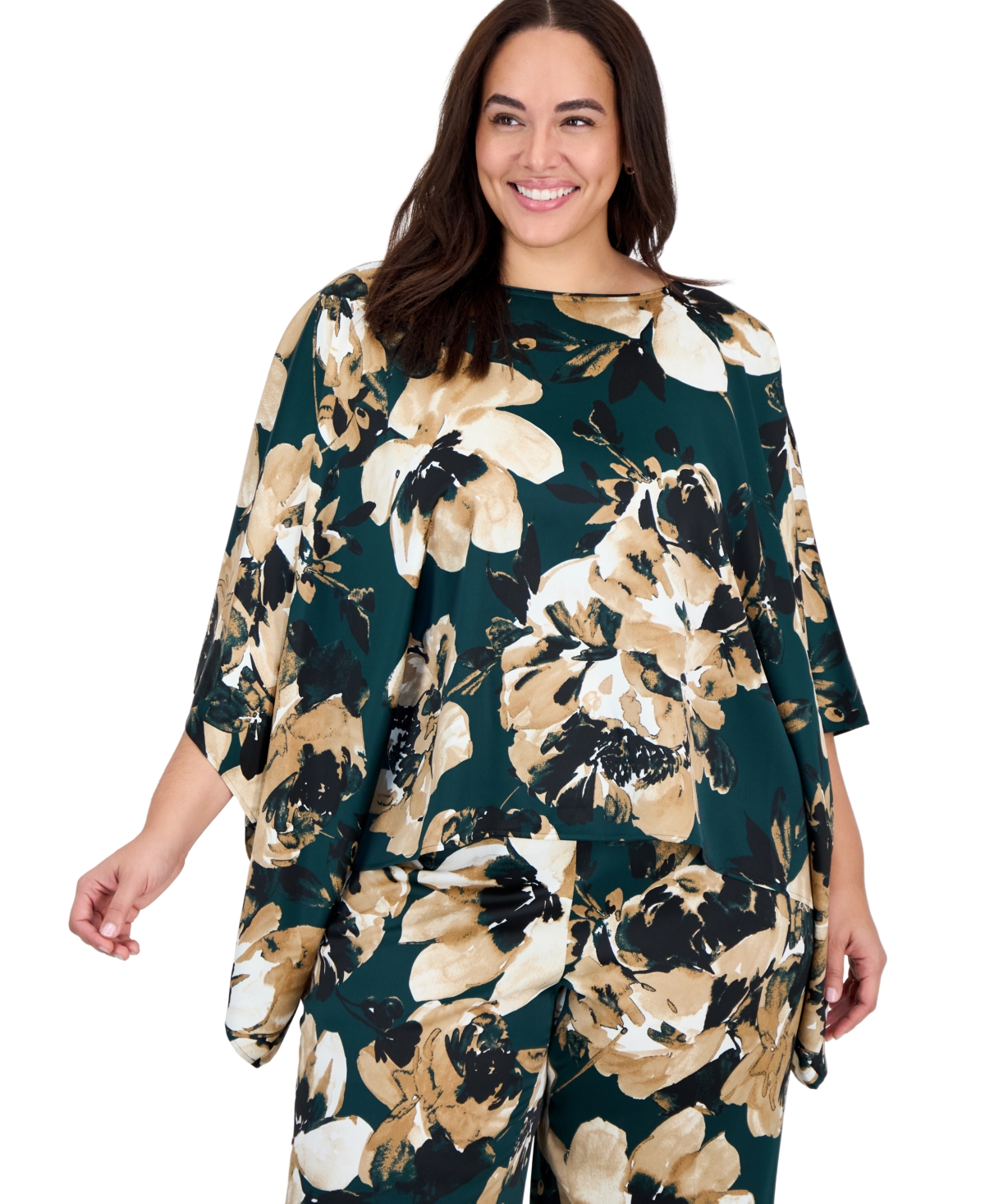 Anne Klein Plus Size Bateau Neck Floral Dolman Sleeve Cape - Pine Forest Multi