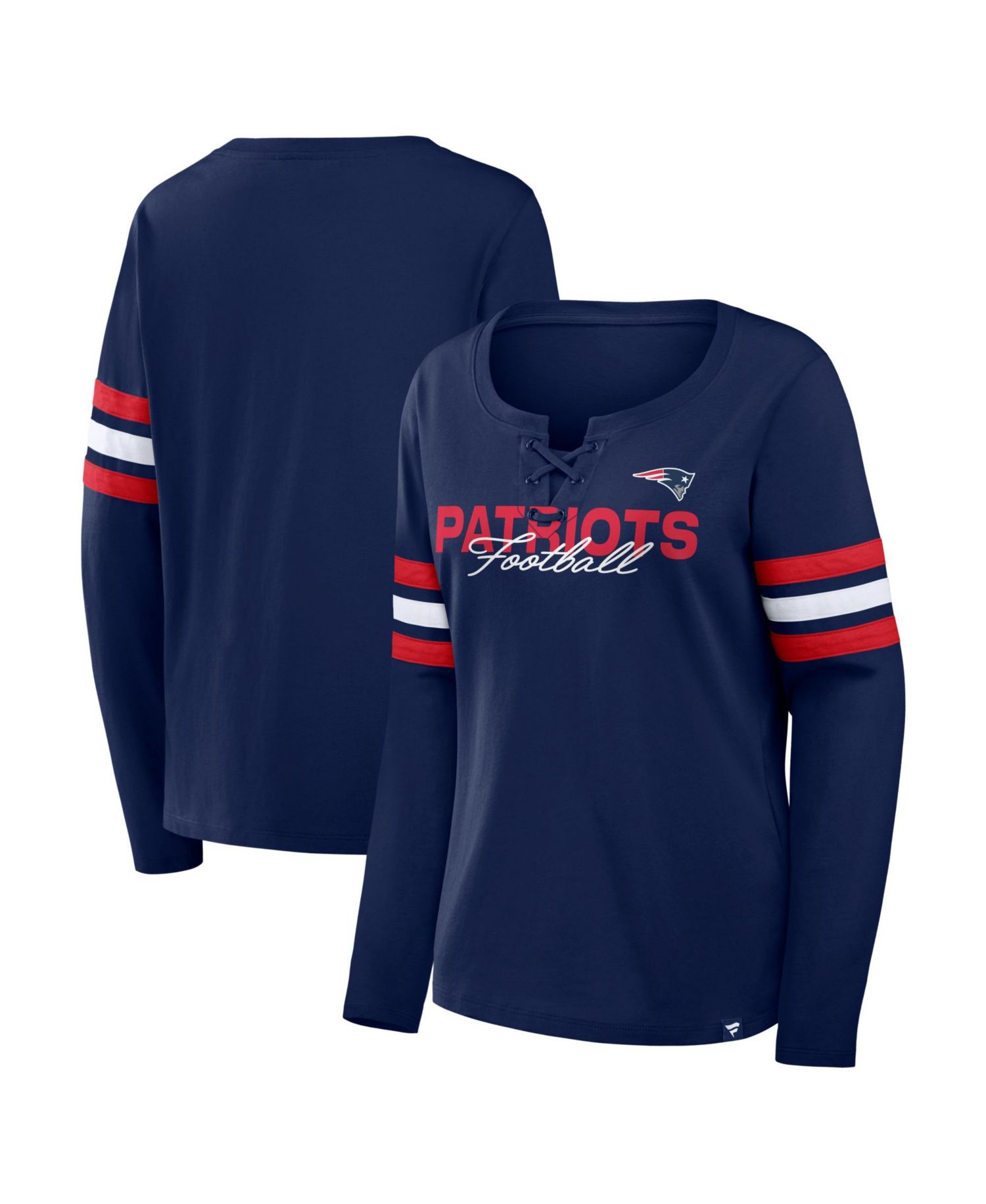 Women's Navy New England Patriots Team First Coverage Scheme Lace-Up Long Sleeve T-Shirt