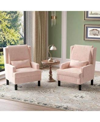 Set of 2 Wingback Accent Chairs - Mid-Century Chenille Reading Chair, Cushion, Wood Frame and Lumbar Pillow