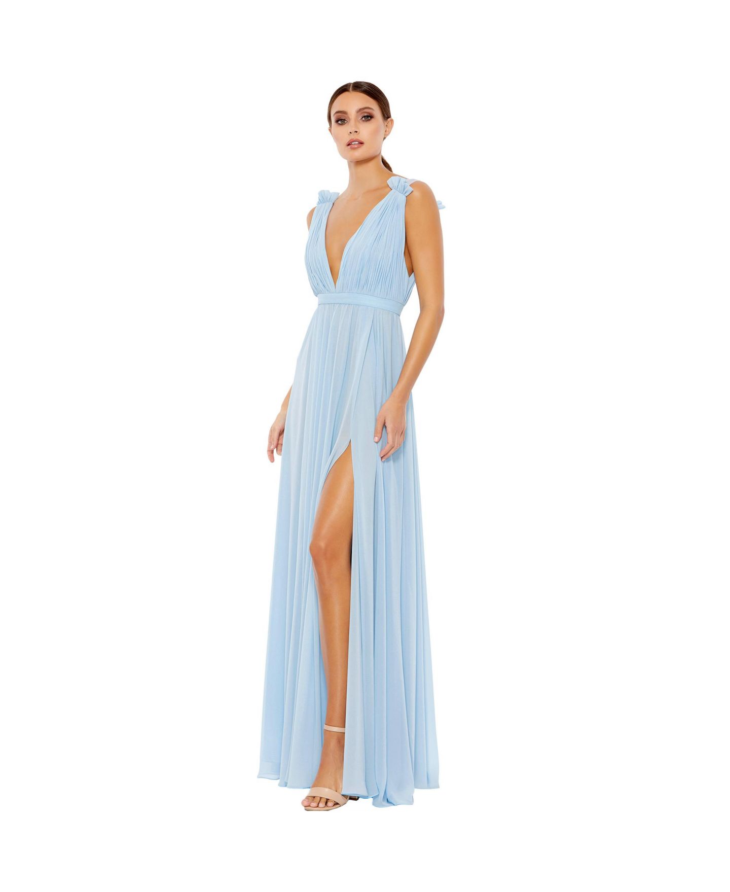 Женские платья Mac Duggal Ieena Pleated Chiffon Sleeveless V-Neck Gown, цвет: Пудрово-голубой — фото 19