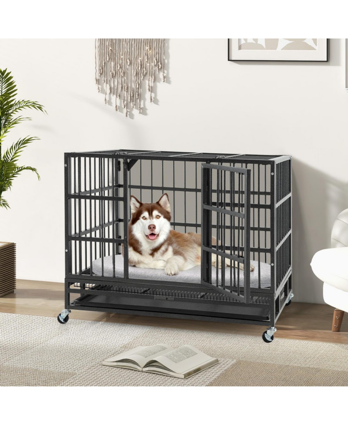 Hongge 38 in Foldable Heavy-Duty Metal Dog Crate with Rolling Casters and Pull-Out Tray