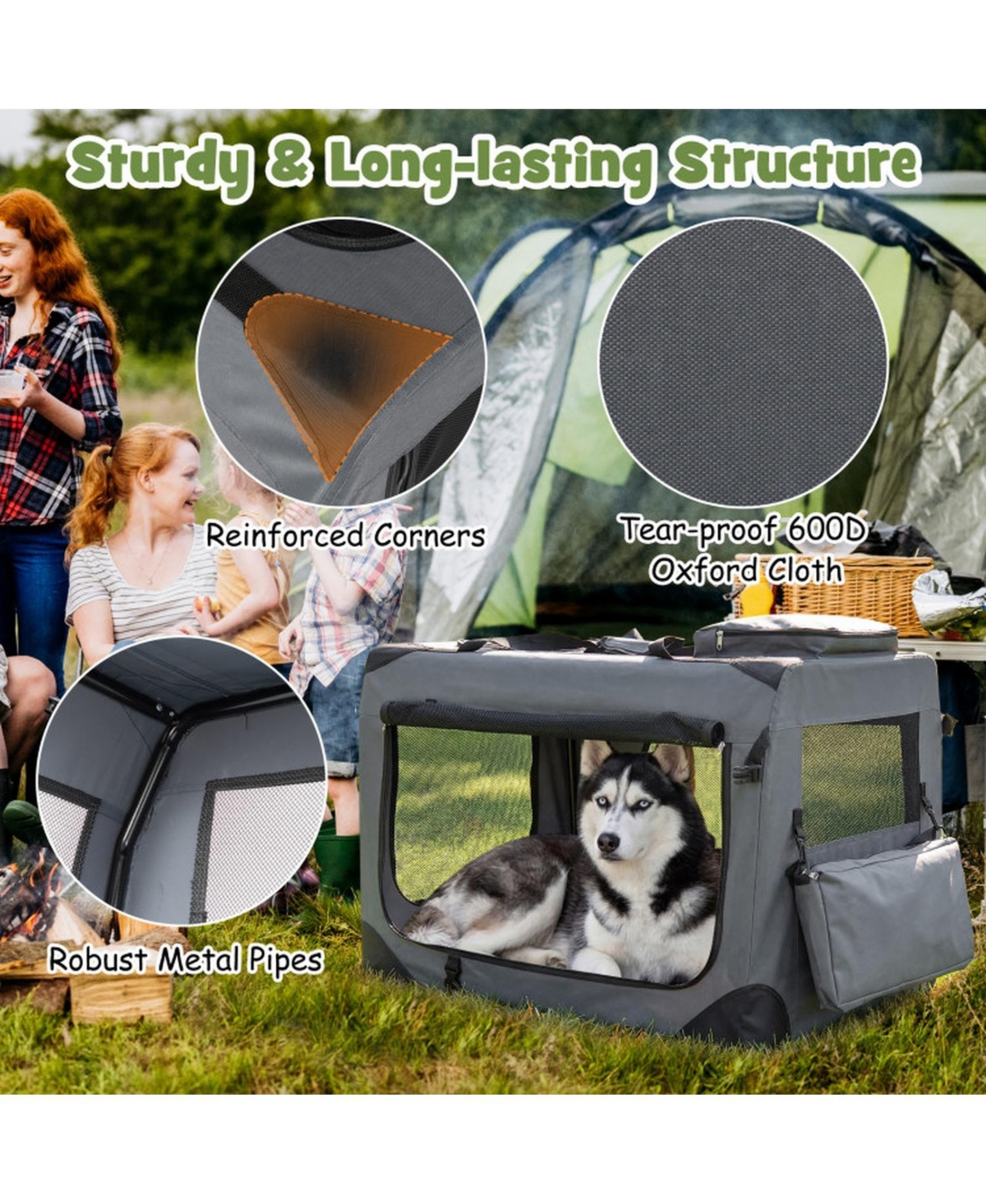 Hongge Collapsible Soft Dog Travel Crate with Mesh Windows 3 Doors and Washable Cushion
