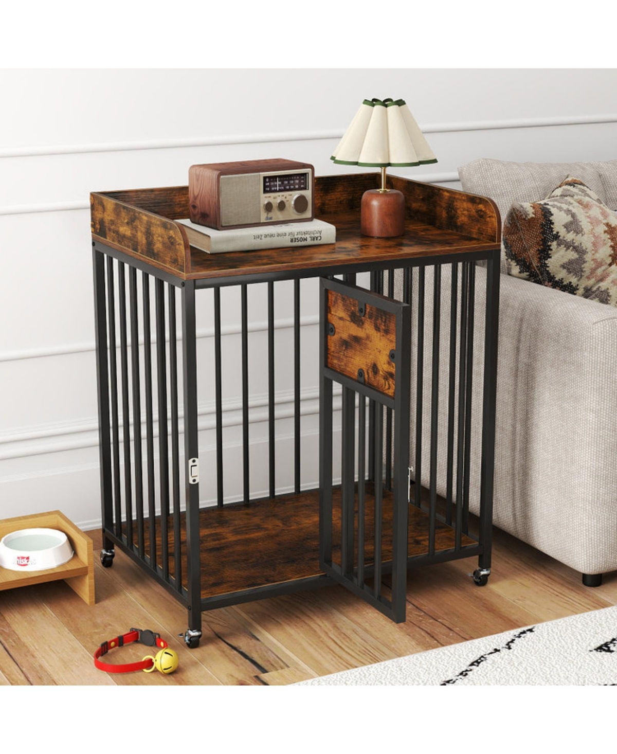 Hongge 27.5 in Dog Crate Furniture with Wheels Lockable Door and Tabletop for Small Dogs