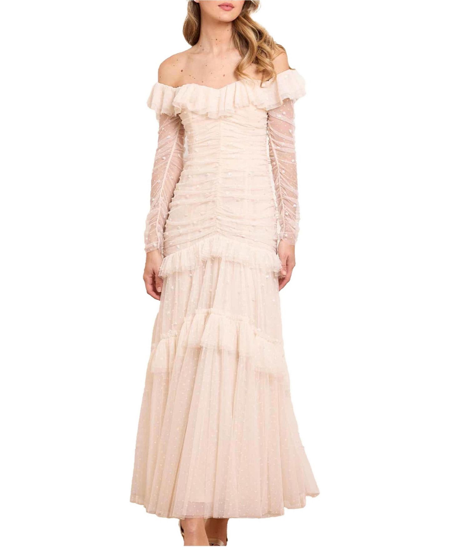 Женское платье Needle & Thread Sequin Glimmer Long-Sleeve Off-the-Shoulder Gown, цвет: Кремовый — фото 1