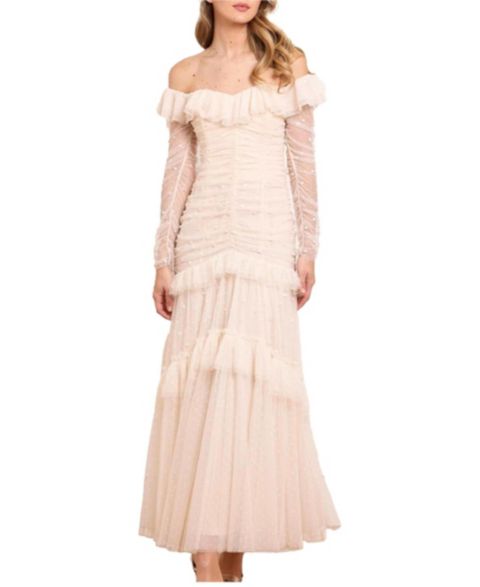 Женское платье Needle & Thread Sequin Glimmer Long-Sleeve Off-the-Shoulder Gown, цвет: Кремовый