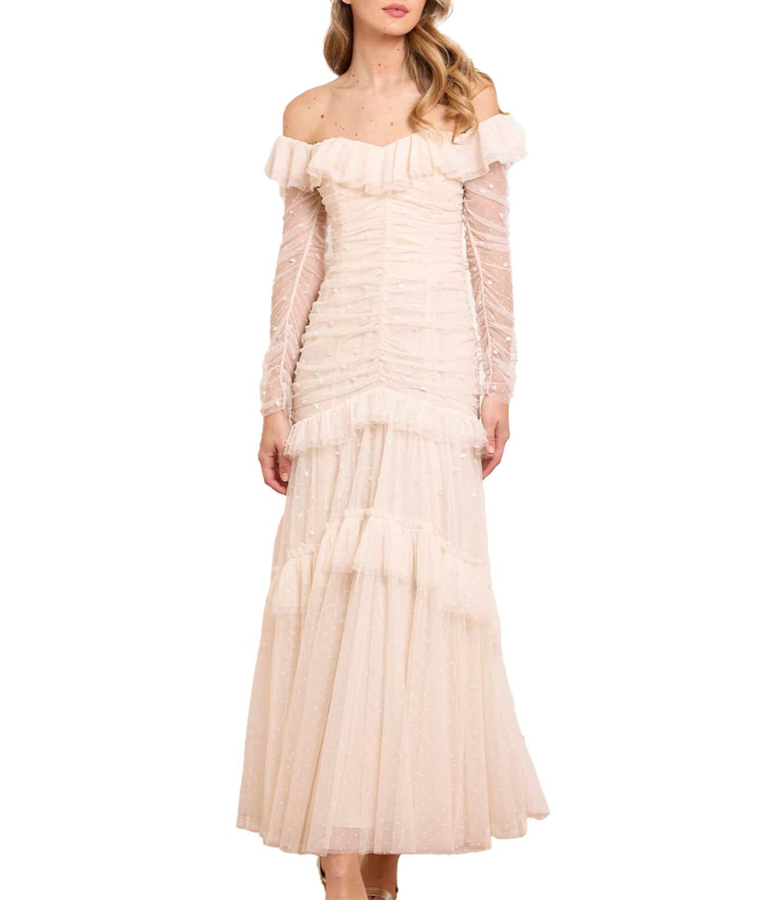 Women's Sequin Glimmer Long-Sleeve Off-the-Shoulder Gown
