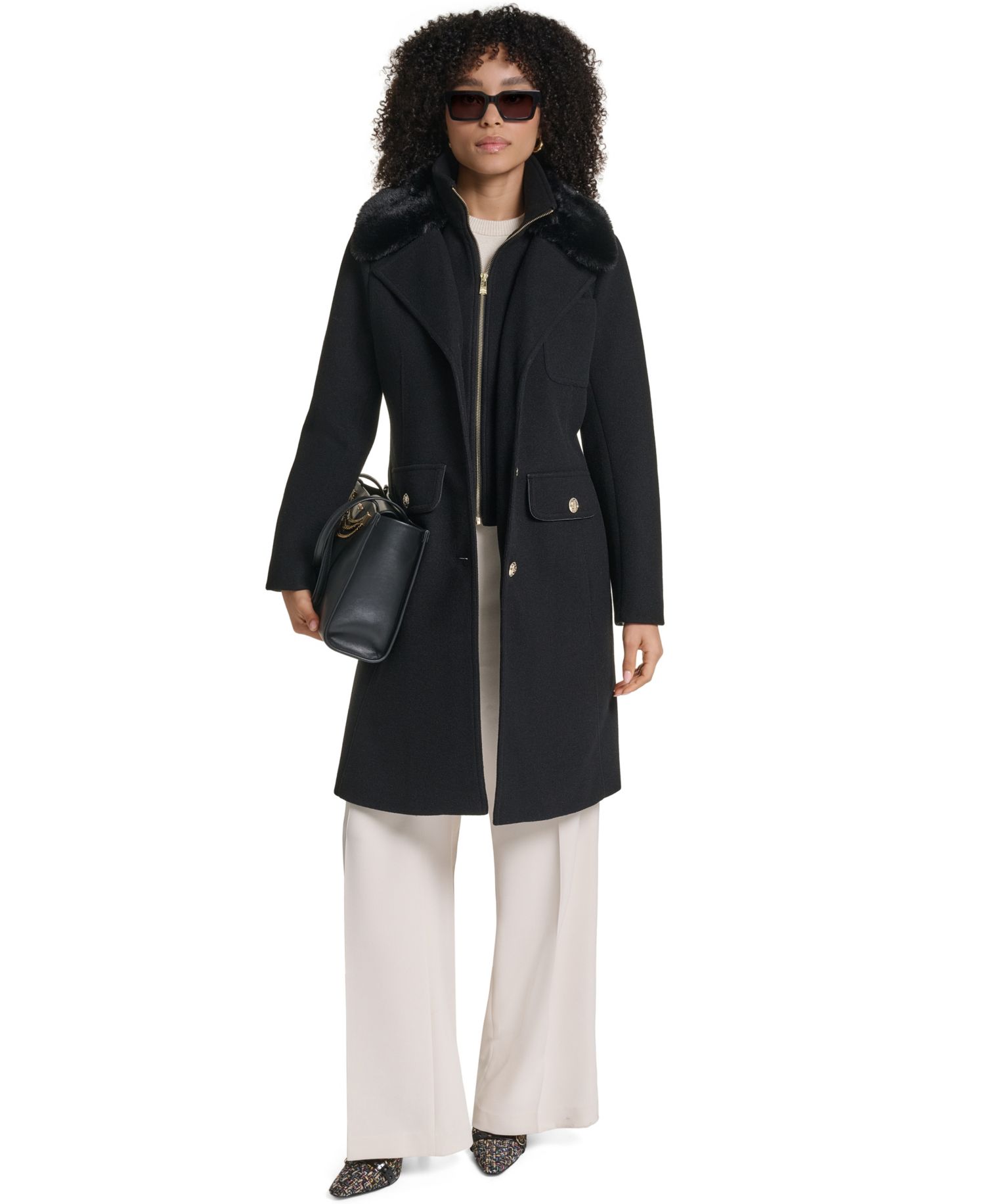 Women's Bibbed Faux-Fur Collar Lined Coat