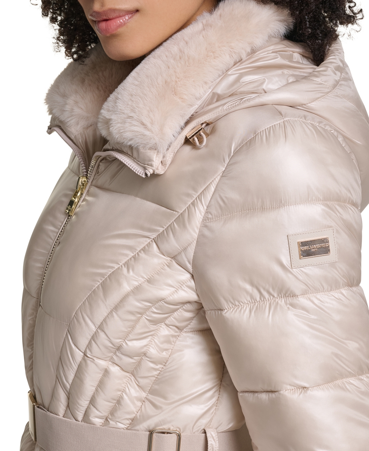 Karl Lagerfeld Paris Women's Belted Faux Fur Collar Hooded Puffer Coat