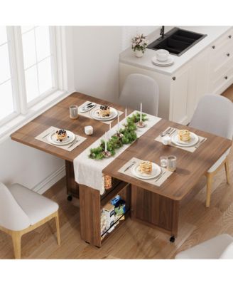 Folding Dining Table with Storage, Folding Kitchen Table with 6 Wheels, Drawer and Shelves, Compact Dining Table for Small Spaces