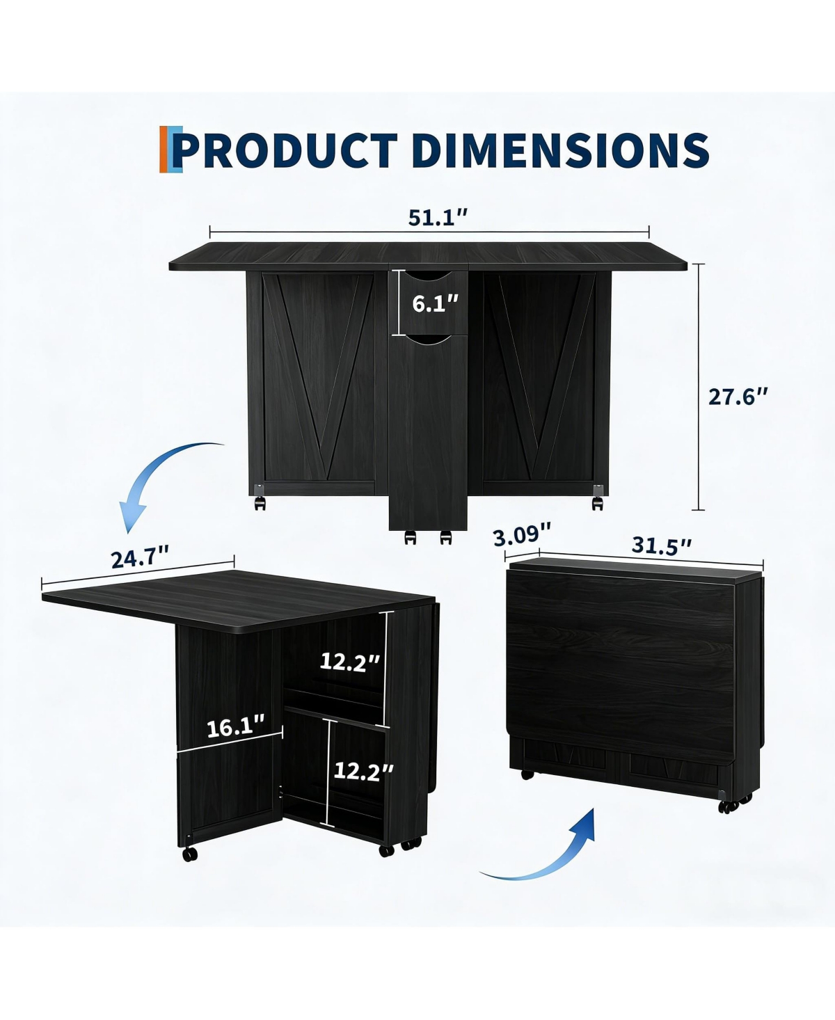 homfan Folding Dining Table with Storage, Kitchen 6 Wheels, Drawer and Shelves, Compact for Small Spaces