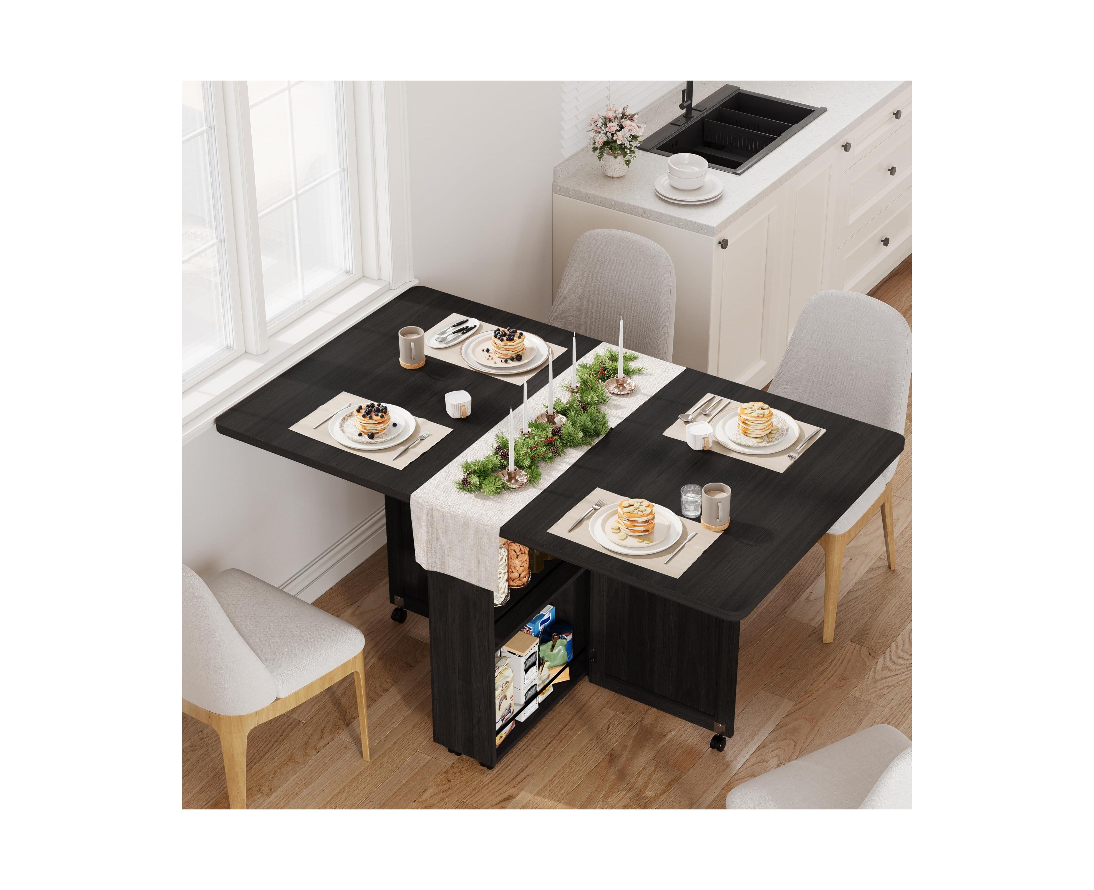 homfan Folding Dining Table with Storage, Kitchen 6 Wheels, Drawer and Shelves, Compact for Small Spaces
