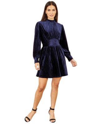 Women's Ruched Waist Velvet Long-Sleeve Skater Dress