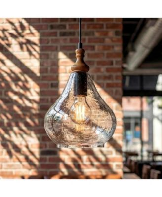 Farmhouse Teardrop Pendant Light for Kitchen Island, Pine Wood and Seeded Glass Shade Hanging Light Fixture, Adjustable Cord