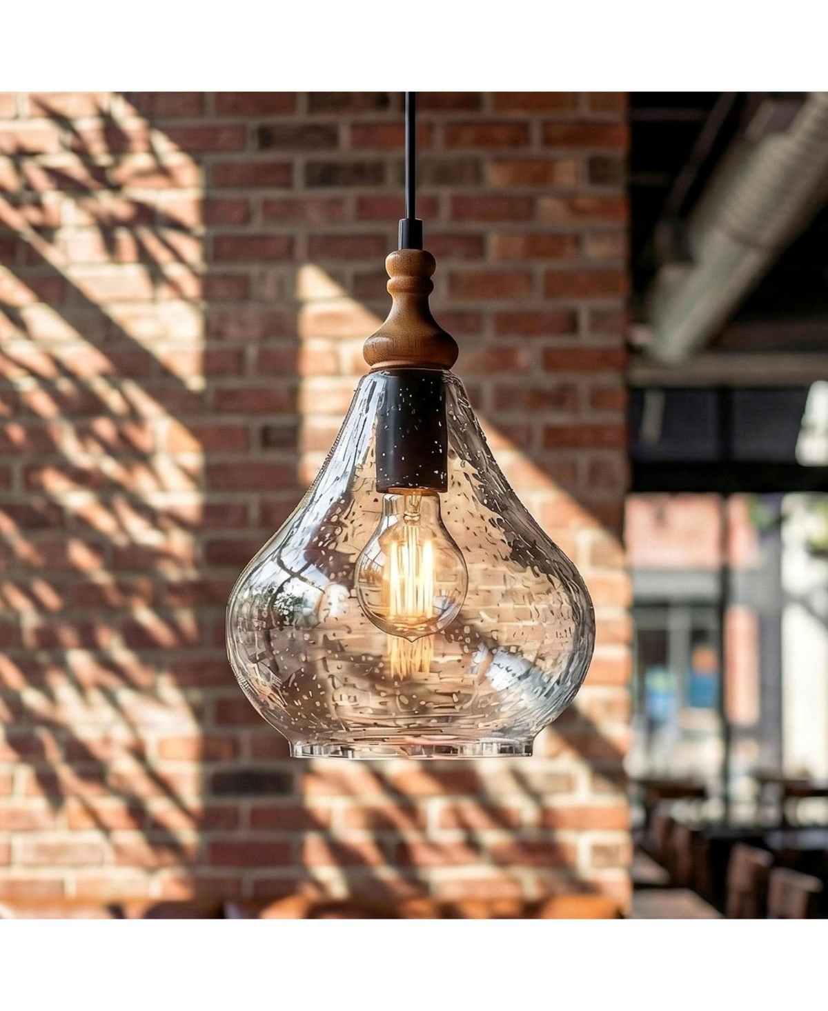 Tribesigns Farmhouse Teardrop Pendant Light for Kitchen Island, Pine Wood and Seeded Glass Shade Hanging Light Fixture, Adjustable Cord