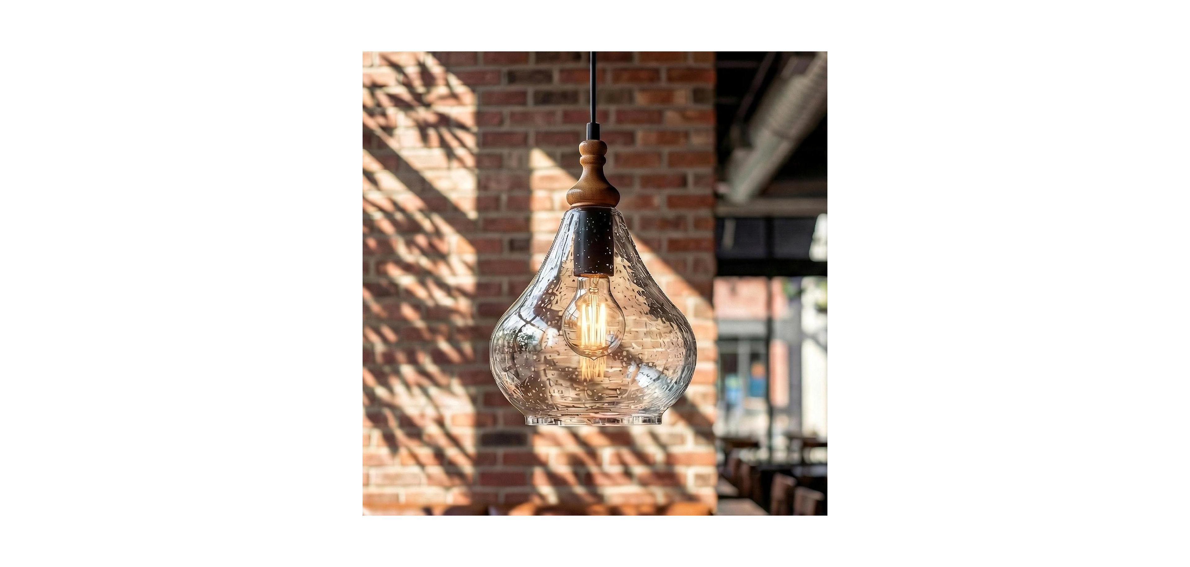 Tribesigns Farmhouse Teardrop Pendant Light for Kitchen Island, Pine Wood and Seeded Glass Shade Hanging Light Fixture, Adjustable Cord