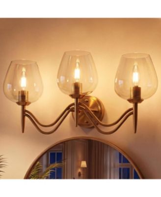 Brass Bathroom Light Fixture 3 Light, Modern Mid Century Bathroom Wall Sconce, Clear Glass Shade Vanity Lighting