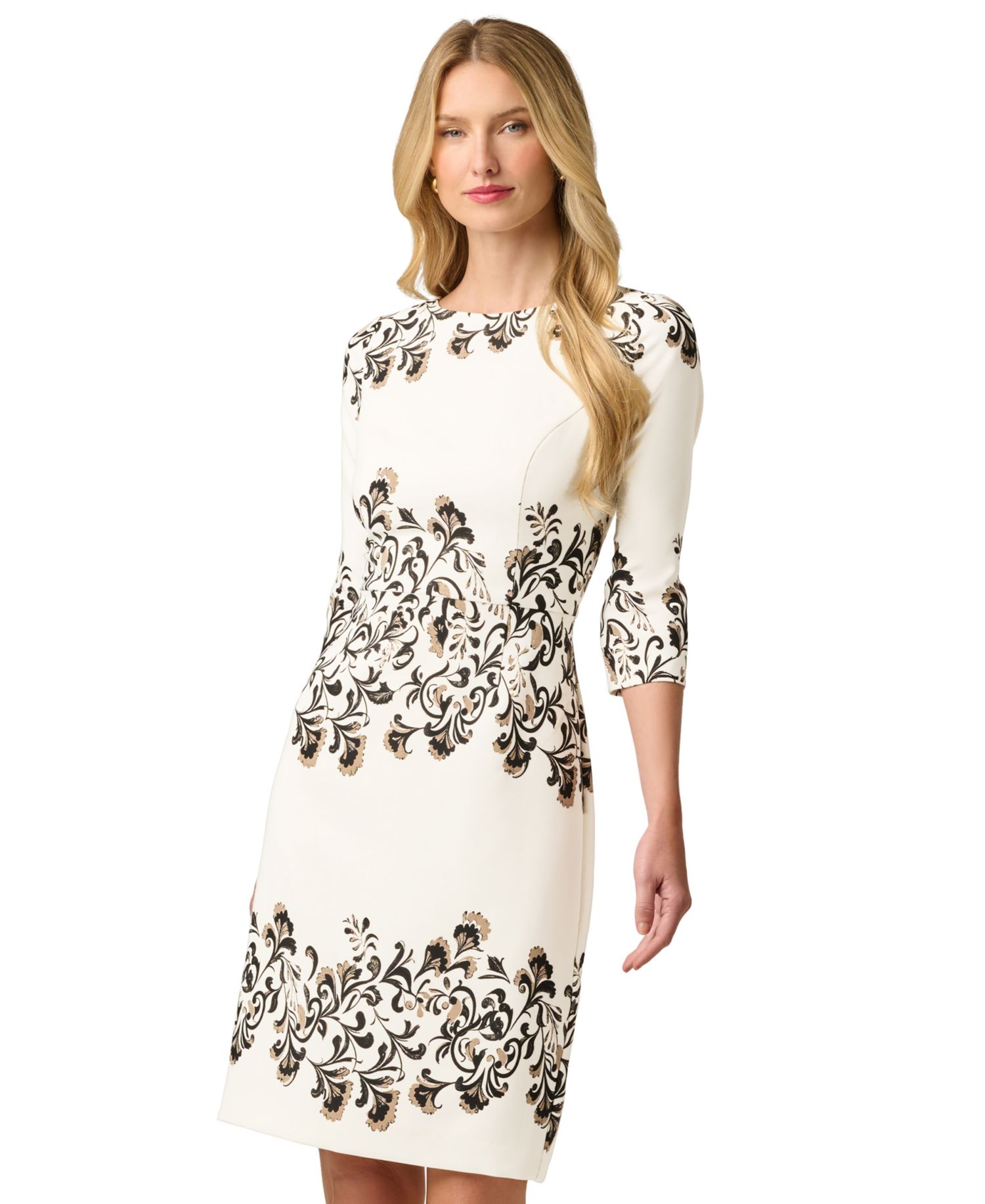Women's Floral-Print Sheath Three-Quarter Sleeve Dress