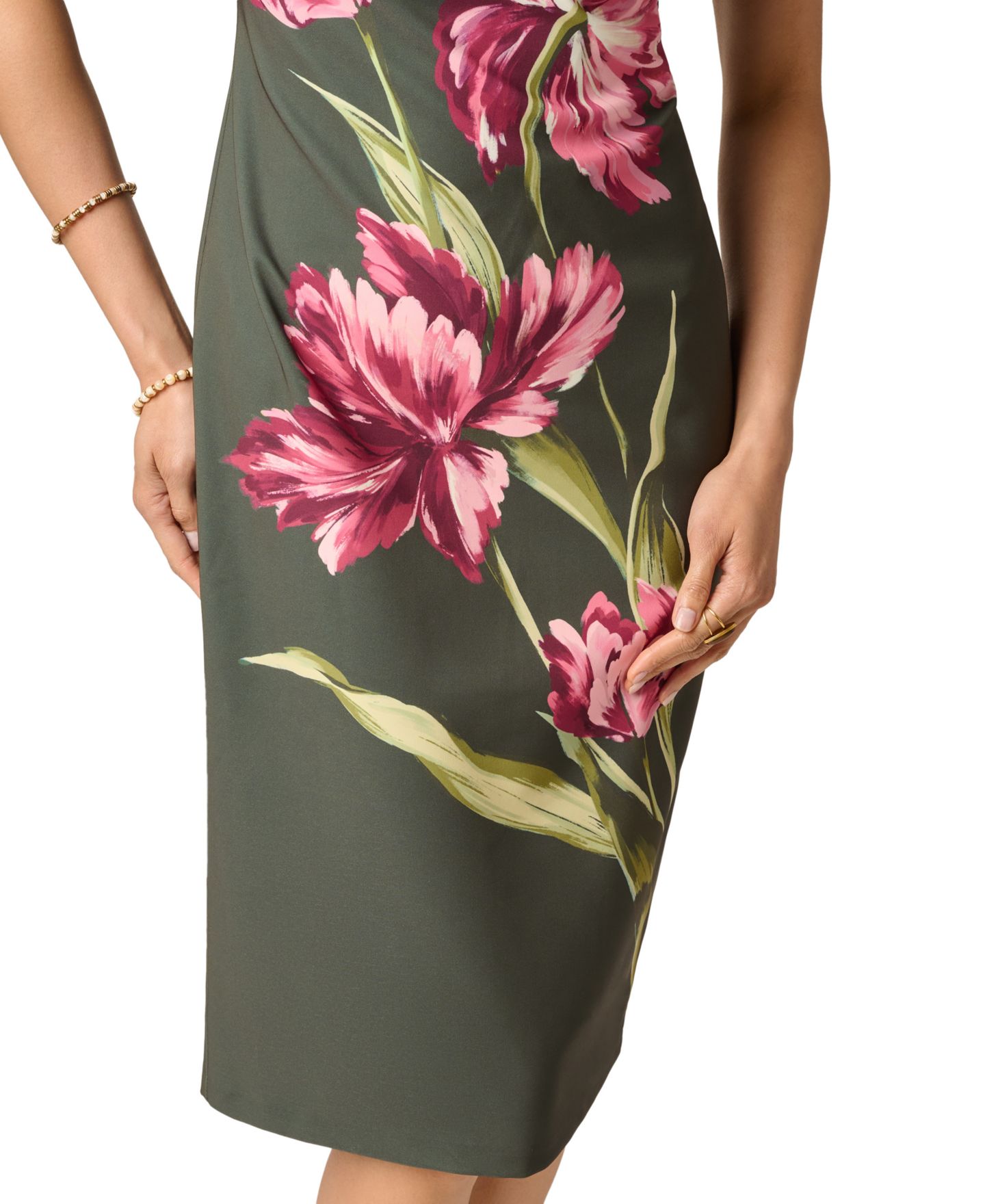 Женское платье Adrianna Papell Floral Crepe Asymmetrical Midi, цвет: Оливковый / Розовый — фото 4